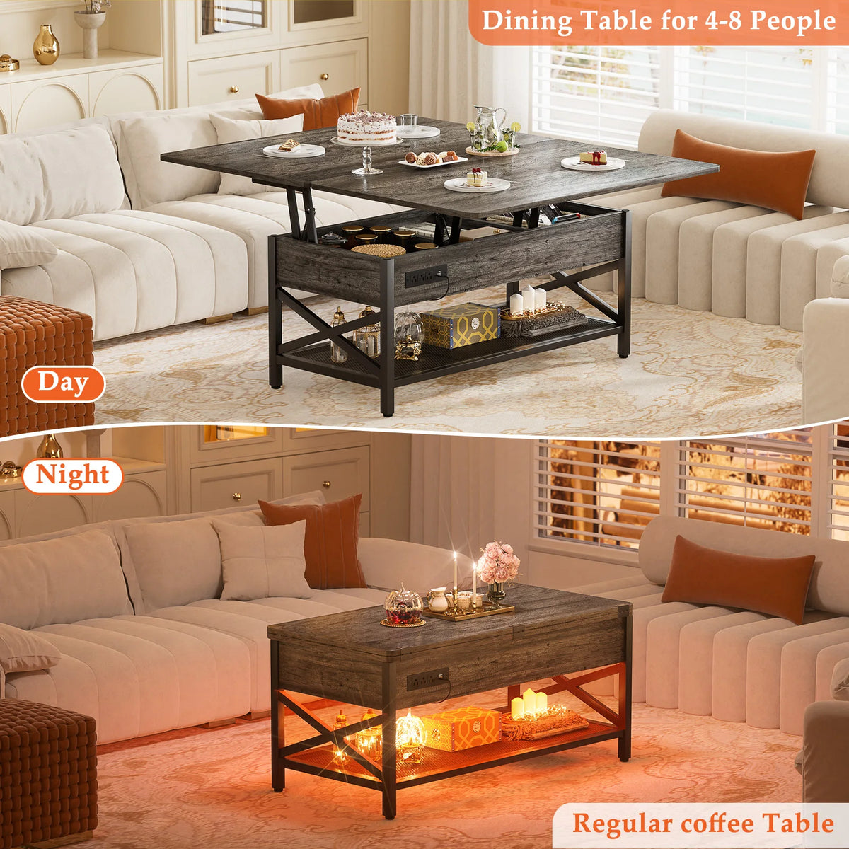 Aheaplus Lift‑Top Coffee Table with LED Lights & Power Outlet, 4‑in‑1 Multi‑Function Center Table Converts to Dining Table, Storage Shelves for Living Room, Home Office, Reception – Black Oak