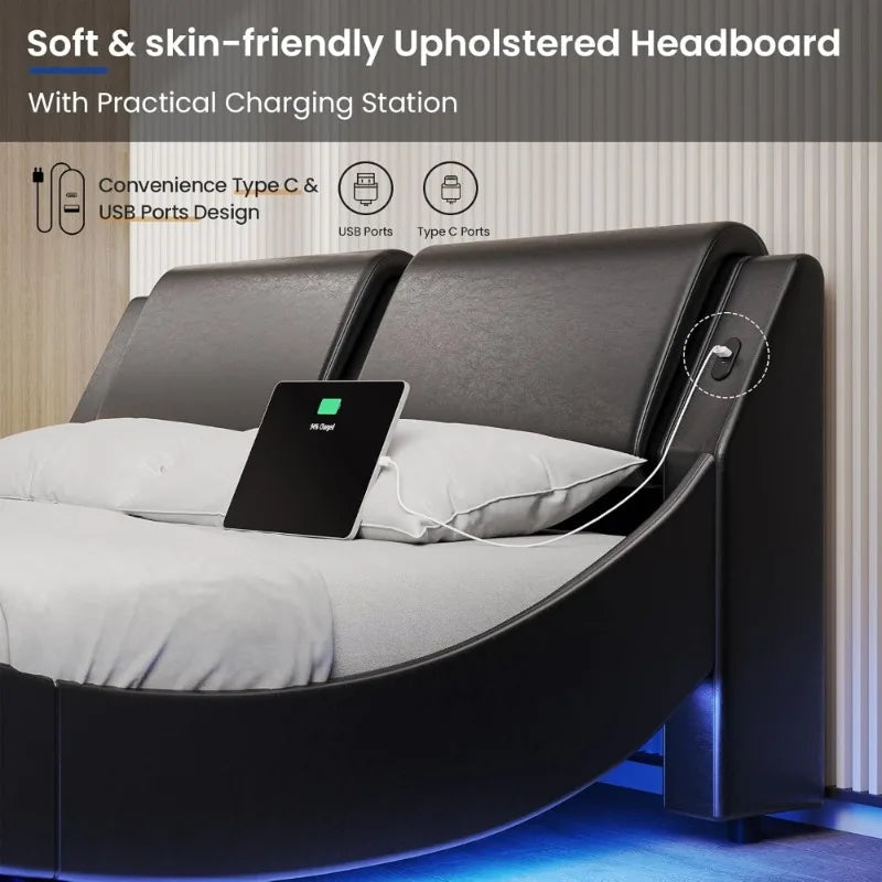 Modern Upholstered Queen Platform Bed Frame with LED Lights USB Charging Ports Black Faux Leather Headboard Low Profile Wood