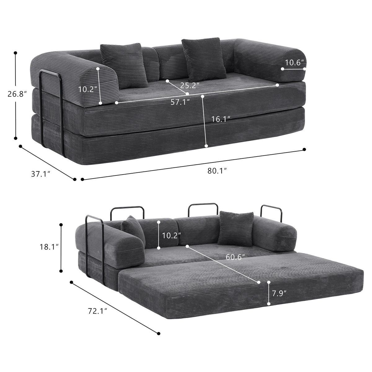 Multi‑Layout Convertible Sofa Bed Modular Sectional Couch, Corduroy Floor Chaise Lounge, Vacuum Packed No Assembly with Iron Support Frame for Guest Room