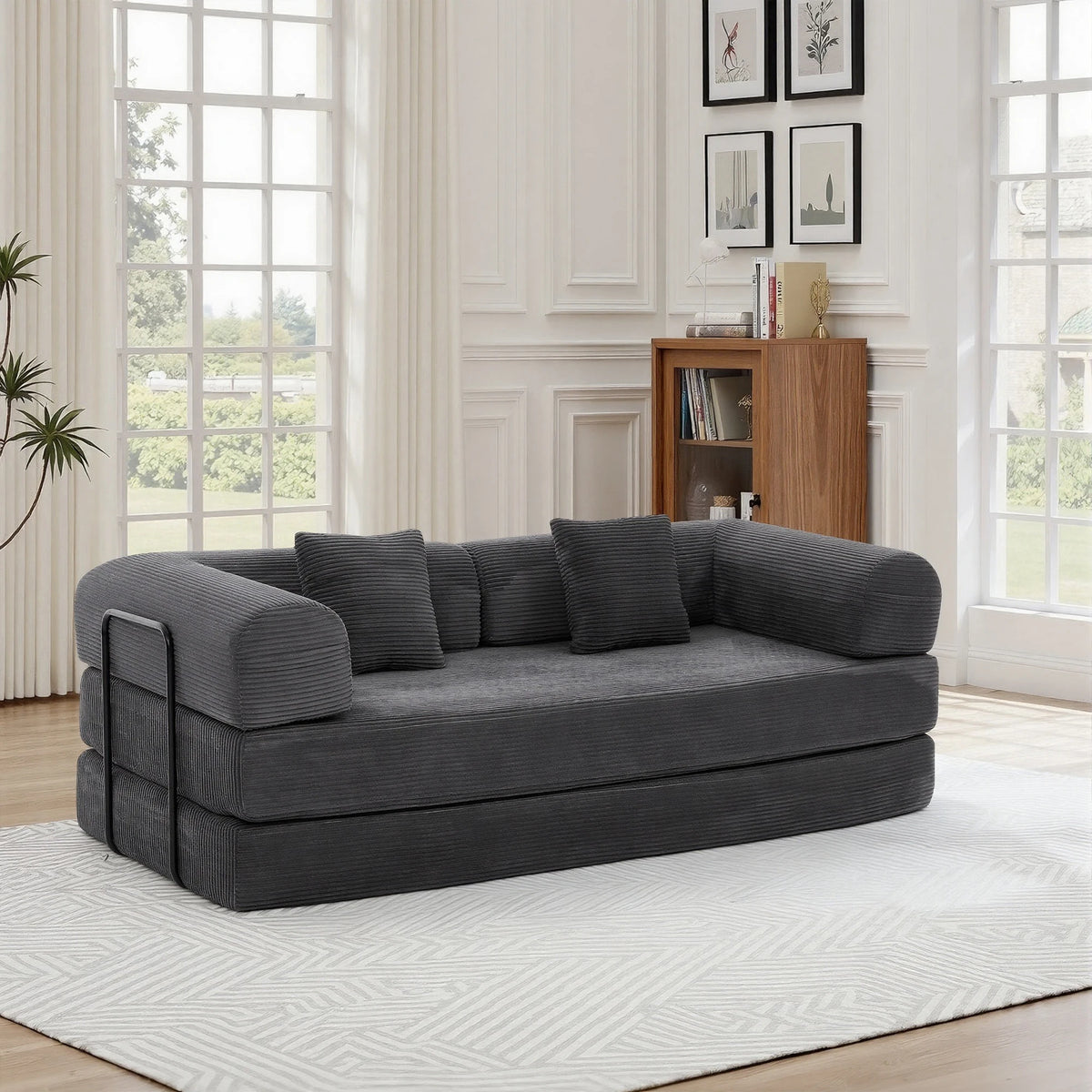 Multi‑Layout Convertible Sofa Bed Modular Sectional Couch, Corduroy Floor Chaise Lounge, Vacuum Packed No Assembly with Iron Support Frame for Guest Room