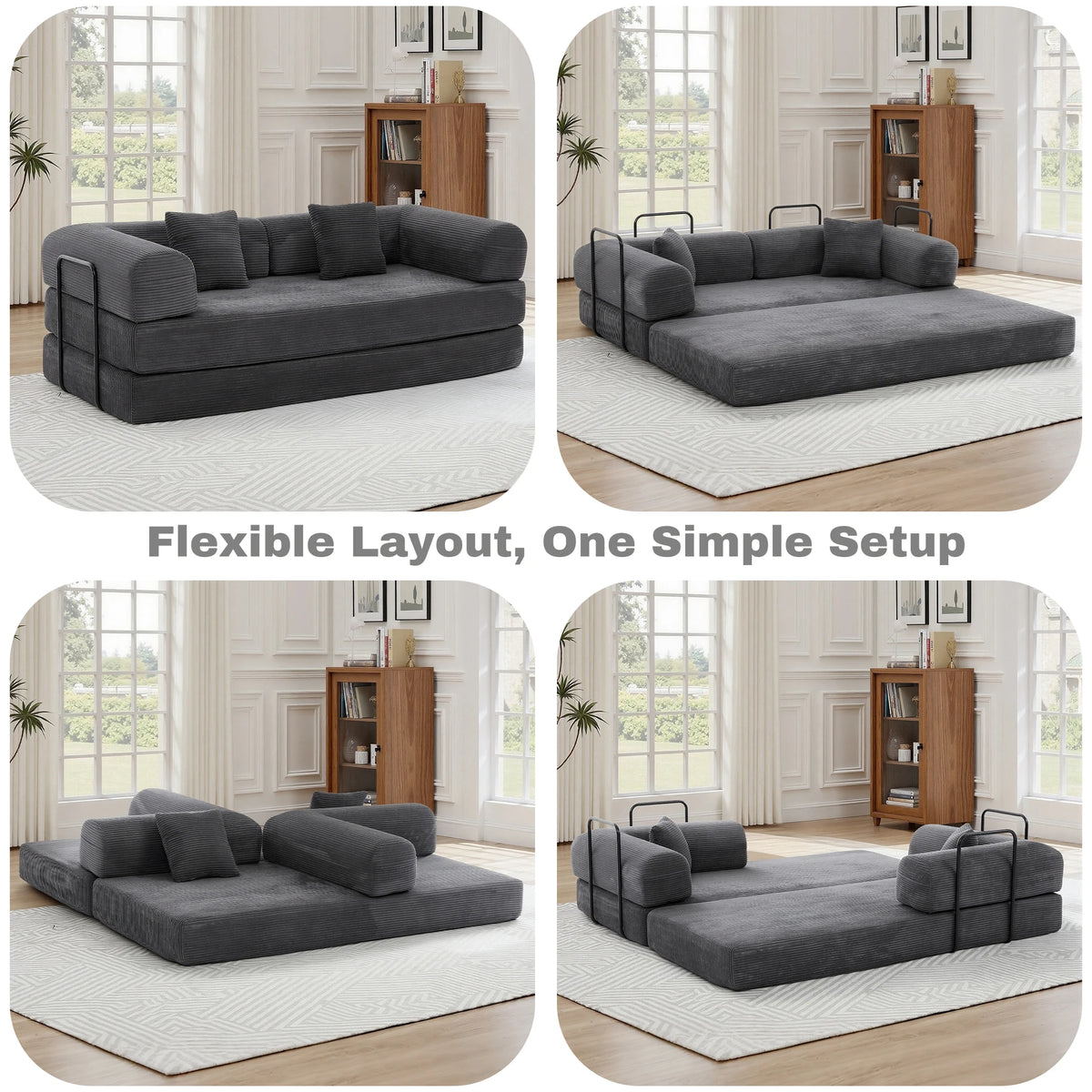 Multi‑Layout Convertible Sofa Bed Modular Sectional Couch, Corduroy Floor Chaise Lounge, Vacuum Packed No Assembly with Iron Support Frame for Guest Room