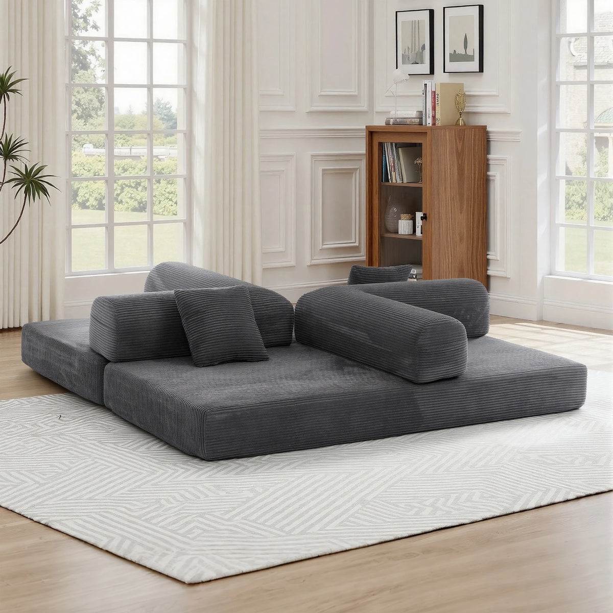 Multi‑Layout Convertible Sofa Bed Modular Sectional Couch, Corduroy Floor Chaise Lounge, Vacuum Packed No Assembly with Iron Support Frame for Guest Room