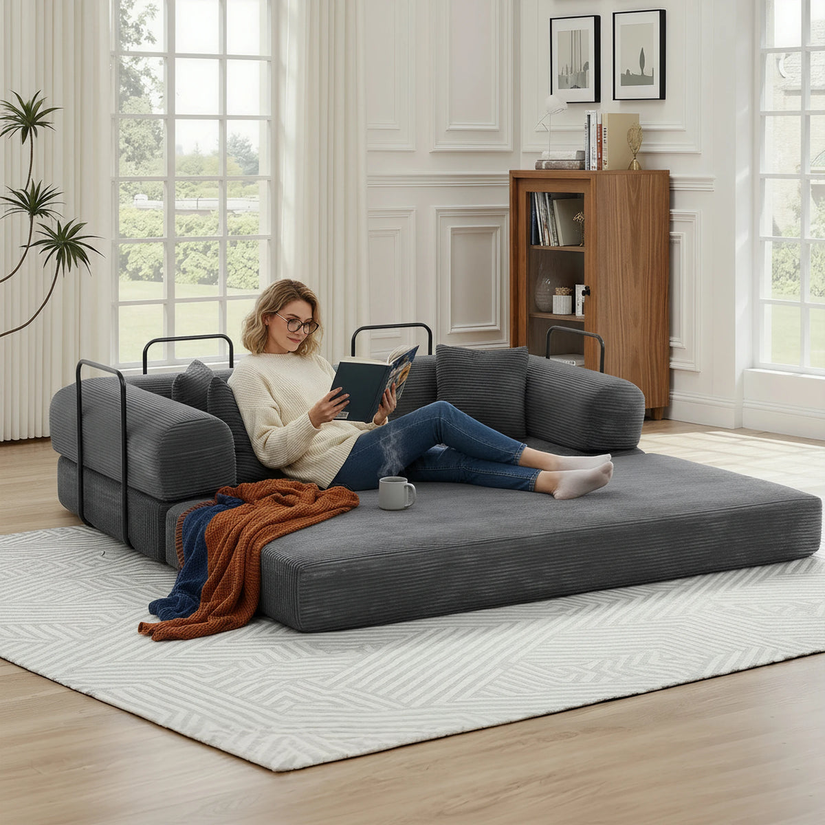Multi‑Layout Convertible Sofa Bed Modular Sectional Couch, Corduroy Floor Chaise Lounge, Vacuum Packed No Assembly with Iron Support Frame for Guest Room