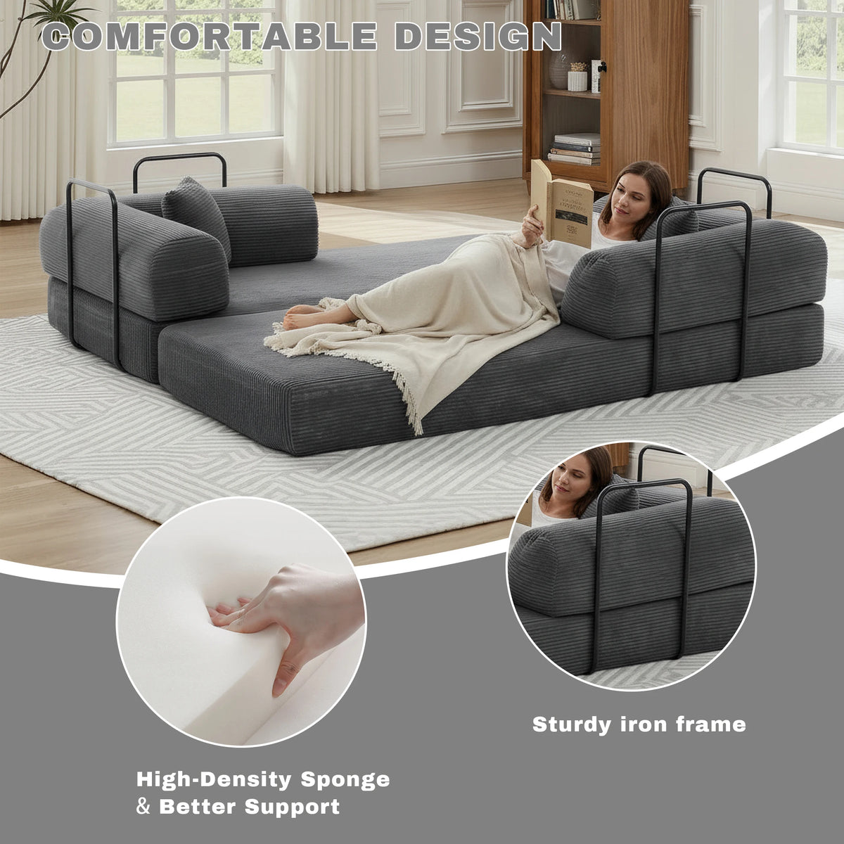 Multi‑Layout Convertible Sofa Bed Modular Sectional Couch, Corduroy Floor Chaise Lounge, Vacuum Packed No Assembly with Iron Support Frame for Guest Room