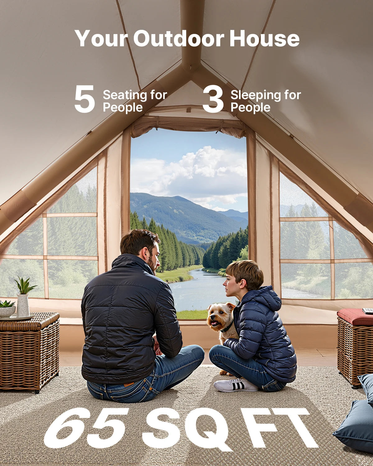 SucceBuy Inflatable Tents for Camping Easy Setup Blow up Tent with Hand Pump 300D Oxford Tent with Stove Jack Storage Bag Included
