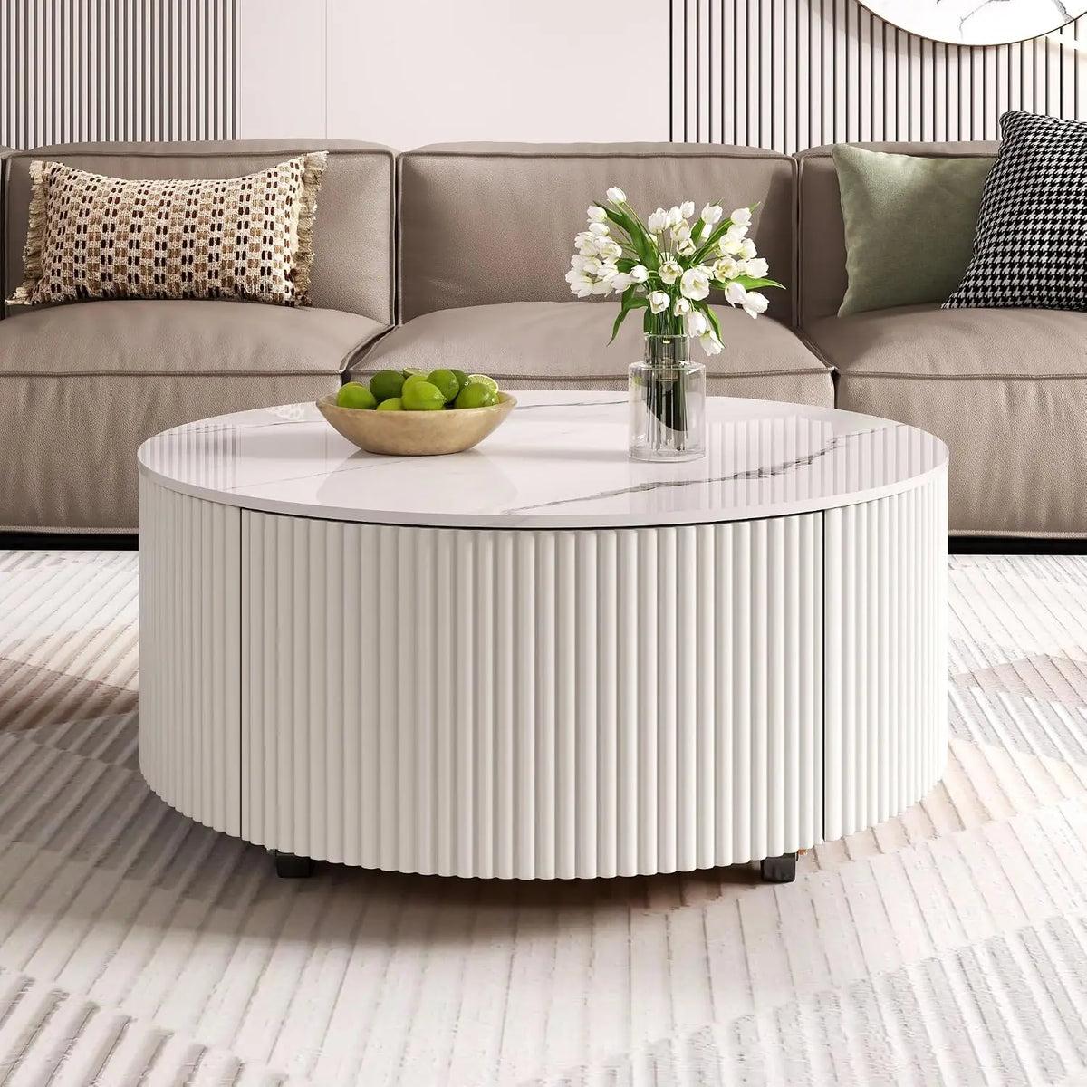 Modern Round Movable Coffee Table with Casters, 2 Drawers, Marble Pattern Sintered Stone Top, White, 29.5"
