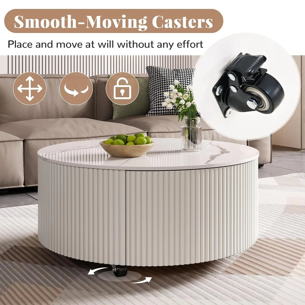 Modern Round Movable Coffee Table with Casters, 2 Drawers, Marble Pattern Sintered Stone Top, White, 29.5"