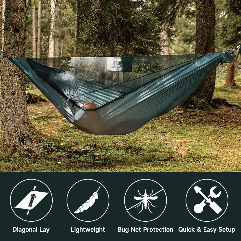11ft Camping Hammock  with Net and Ridge Rope, Detachable Full-Open Mesh, Lightweight Hammock for Outdoor Hiking Backpacking