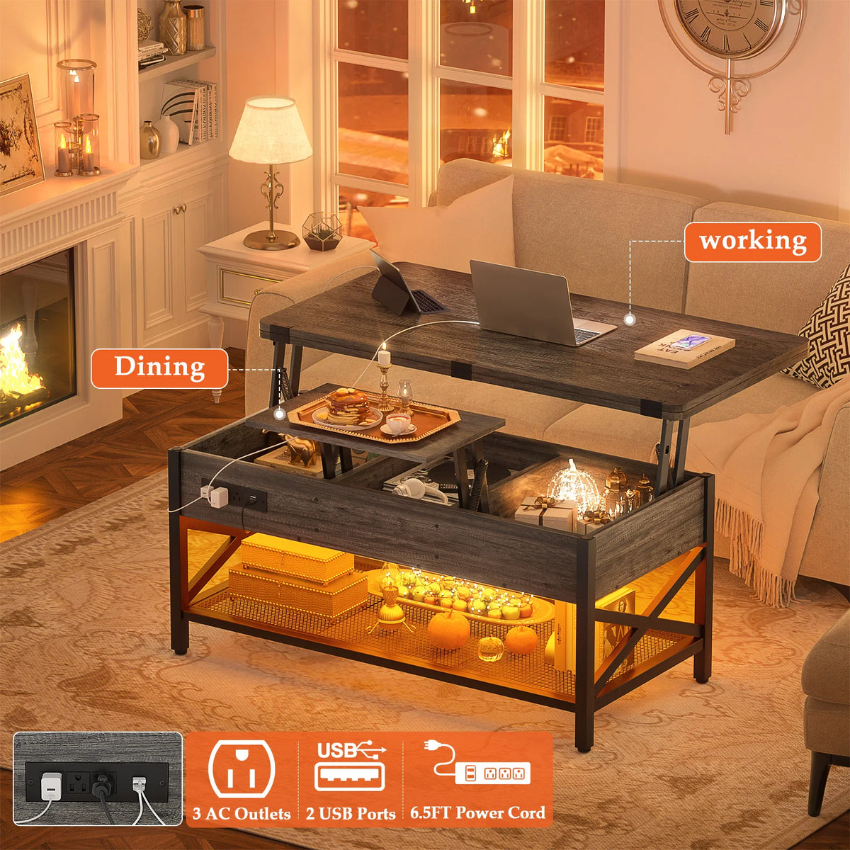 Aheaplus Lift‑Top Coffee Table with LED Lights & Power Outlet, 4‑in‑1 Multi‑Function Center Table Converts to Dining Table, Storage Shelves for Living Room, Home Office, Reception – Black Oak