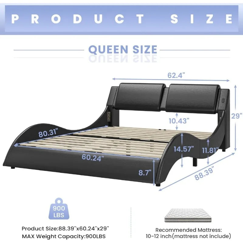 Modern Upholstered Queen Platform Bed Frame with LED Lights USB Charging Ports Black Faux Leather Headboard Low Profile Wood
