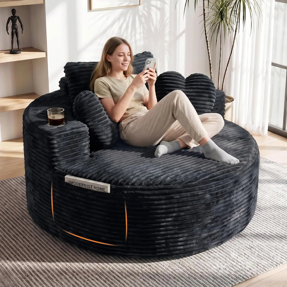 56" Round Lounge Chair with Cup Holders, Corduroy Deep Seat Floor Sofa with Pillows for Living Room & Bedroom, Customized