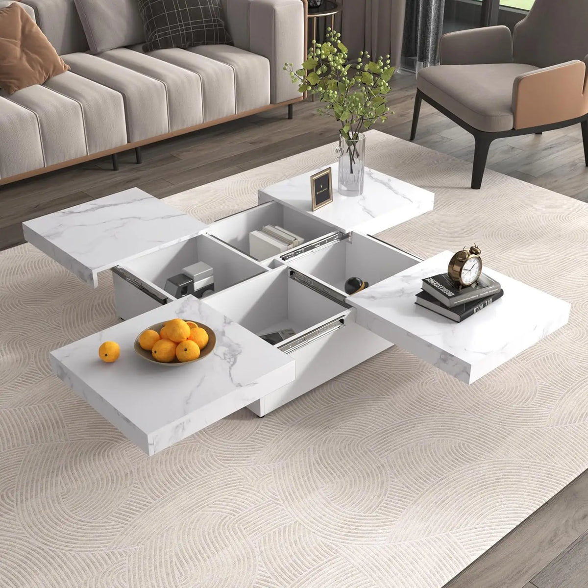 Modern Round Movable Coffee Table with Casters, 2 Drawers, Marble Pattern Sintered Stone Top, White, 29.5"