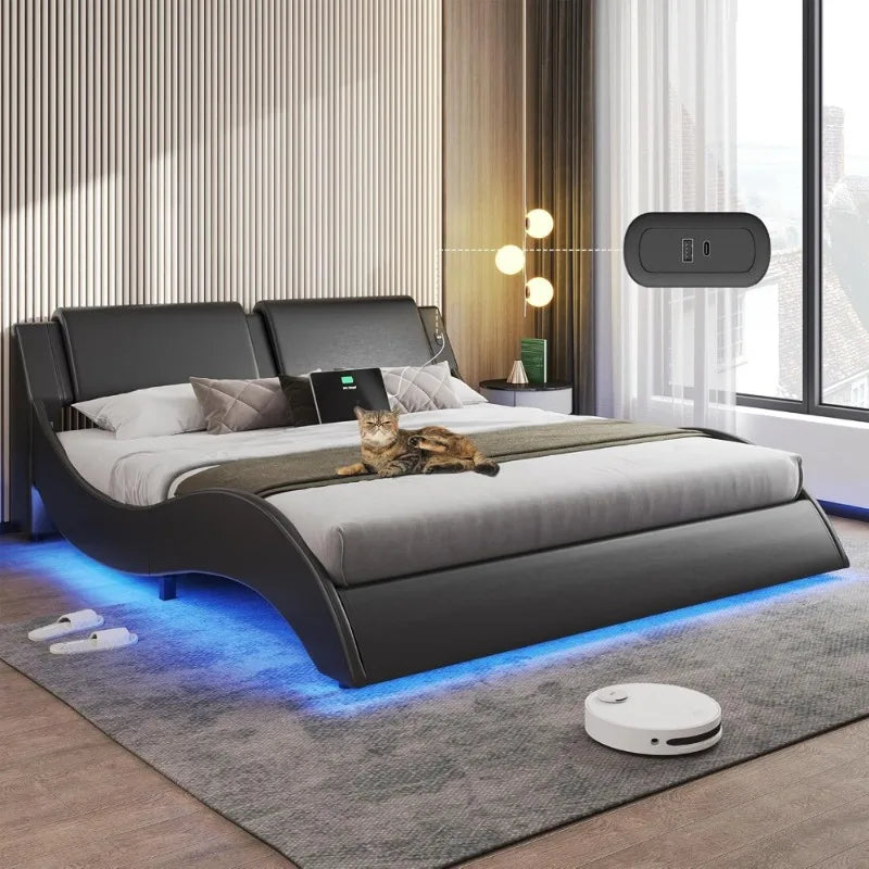 Modern Upholstered Queen Platform Bed Frame with LED Lights USB Charging Ports Black Faux Leather Headboard Low Profile Wood