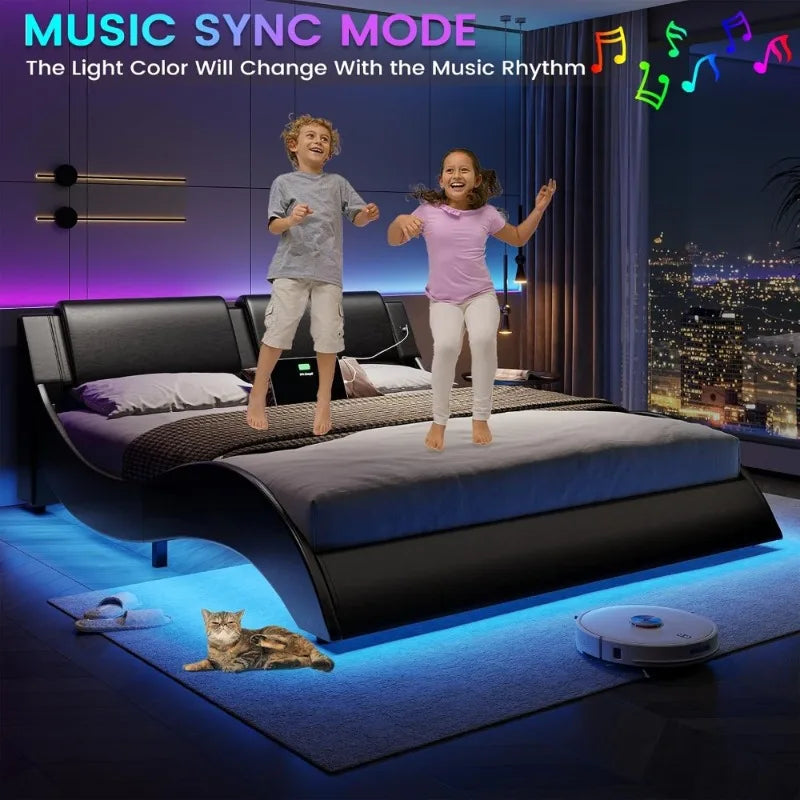 Modern Upholstered Queen Platform Bed Frame with LED Lights USB Charging Ports Black Faux Leather Headboard Low Profile Wood