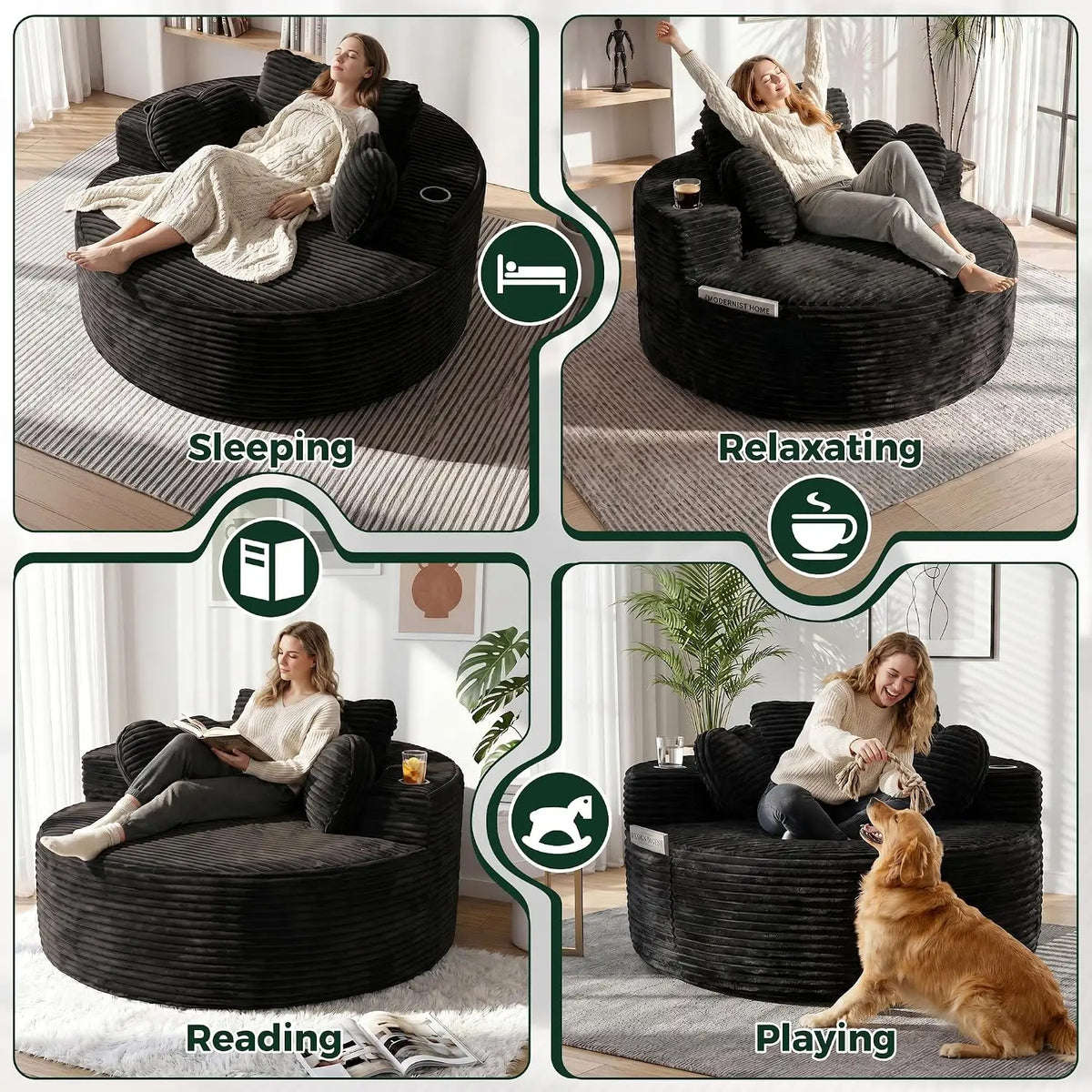 56" Round Lounge Chair with Cup Holders, Corduroy Deep Seat Floor Sofa with Pillows for Living Room & Bedroom, Customized