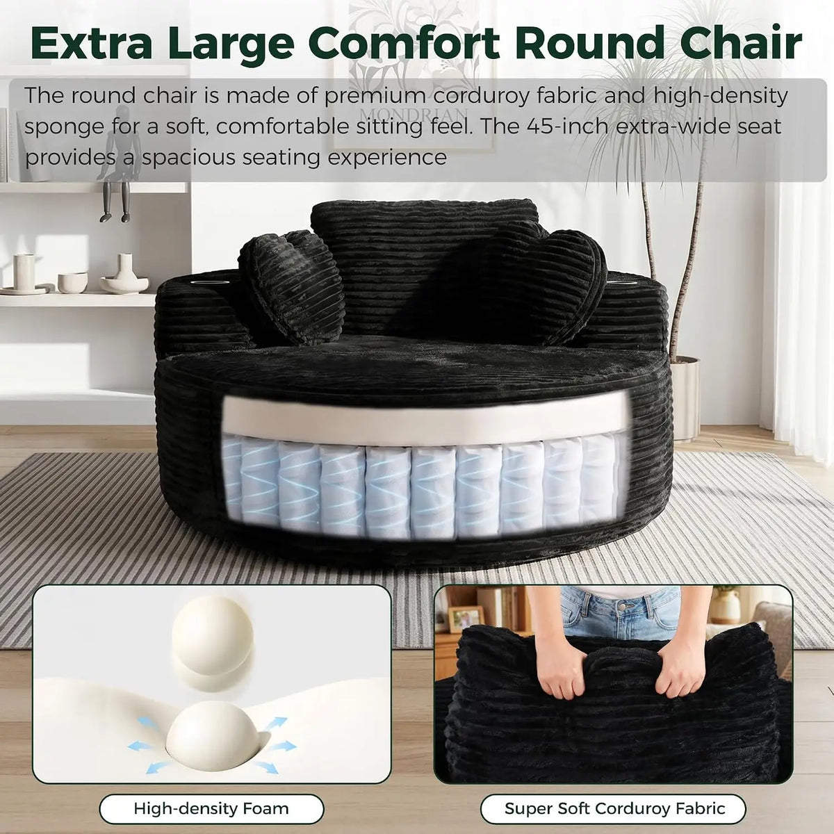 56" Round Lounge Chair with Cup Holders, Corduroy Deep Seat Floor Sofa with Pillows for Living Room & Bedroom, Customized