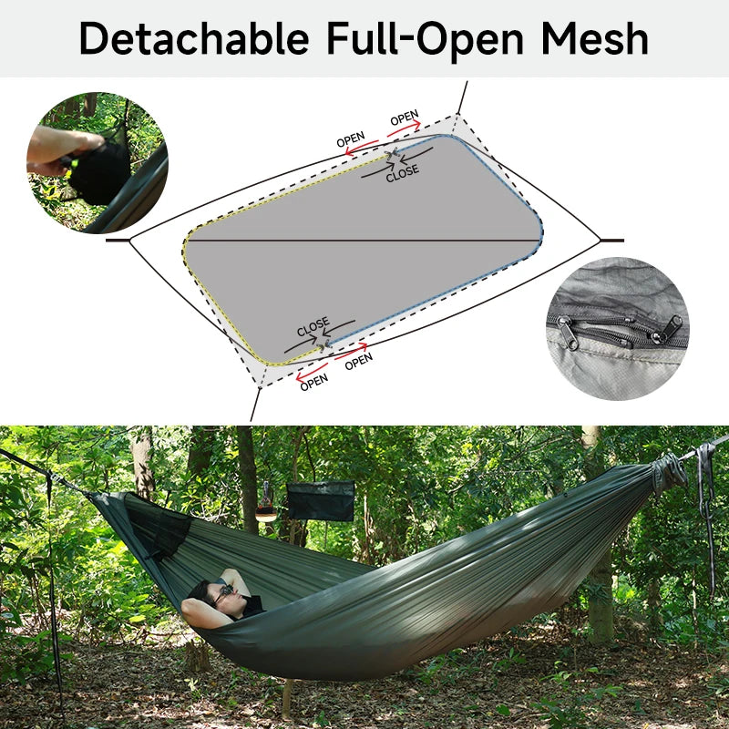 11ft Camping Hammock  with Net and Ridge Rope, Detachable Full-Open Mesh, Lightweight Hammock for Outdoor Hiking Backpacking