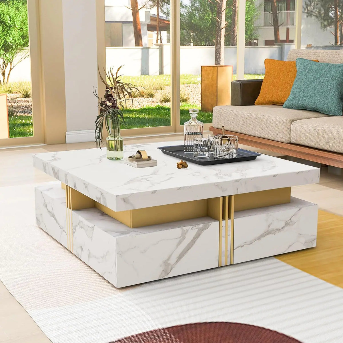 Modern Round Movable Coffee Table with Casters, 2 Drawers, Marble Pattern Sintered Stone Top, White, 29.5"