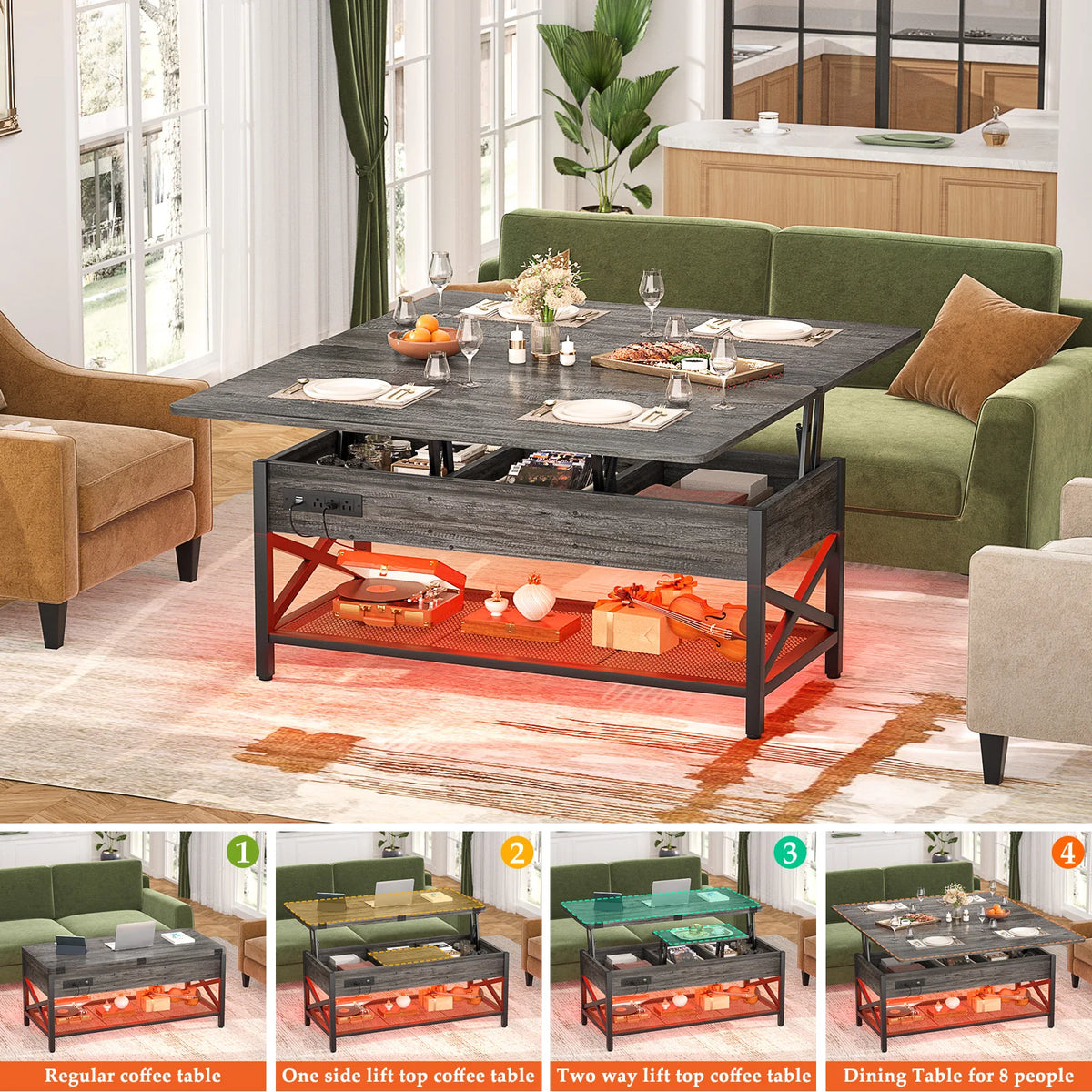 Aheaplus Lift‑Top Coffee Table with LED Lights & Power Outlet, 4‑in‑1 Multi‑Function Center Table Converts to Dining Table, Storage Shelves for Living Room, Home Office, Reception – Black Oak