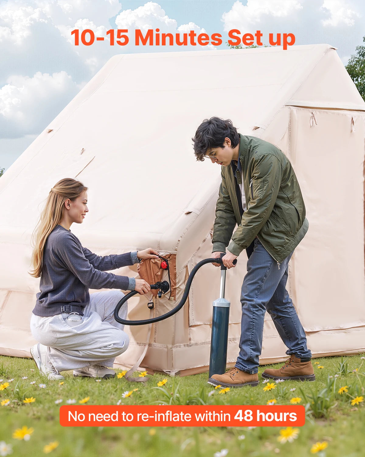 SucceBuy Inflatable Tents for Camping Easy Setup Blow up Tent with Hand Pump 300D Oxford Tent with Stove Jack Storage Bag Included
