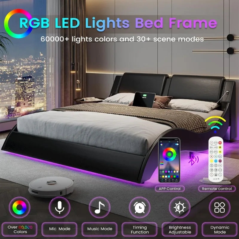 Modern Upholstered Queen Platform Bed Frame with LED Lights USB Charging Ports Black Faux Leather Headboard Low Profile Wood