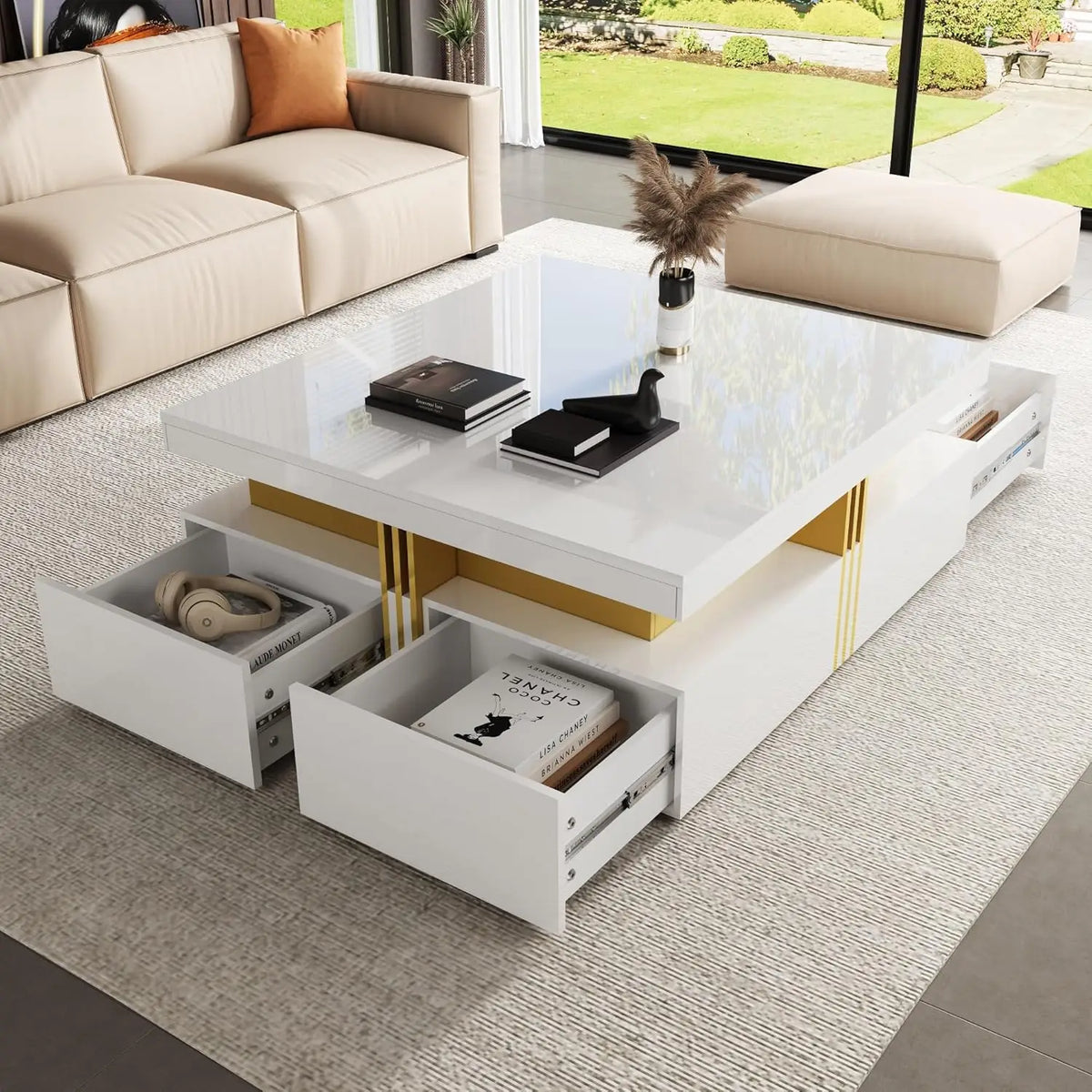 Modern Round Movable Coffee Table with Casters, 2 Drawers, Marble Pattern Sintered Stone Top, White, 29.5"