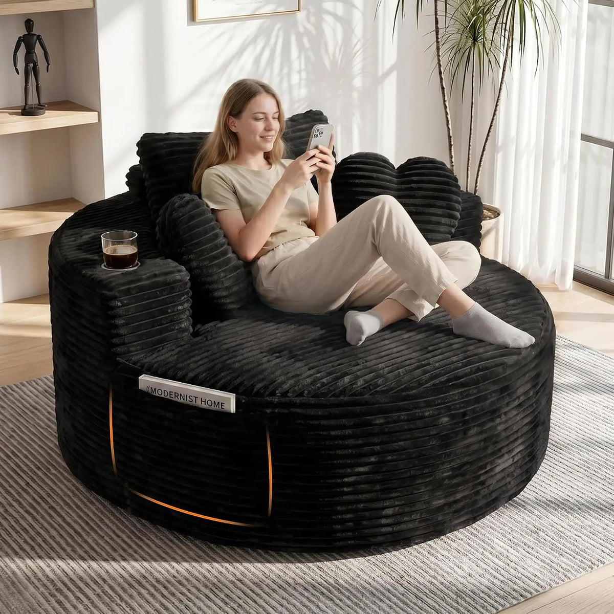 56" Round Lounge Chair with Cup Holders, Corduroy Deep Seat Floor Sofa with Pillows for Living Room & Bedroom, Customized