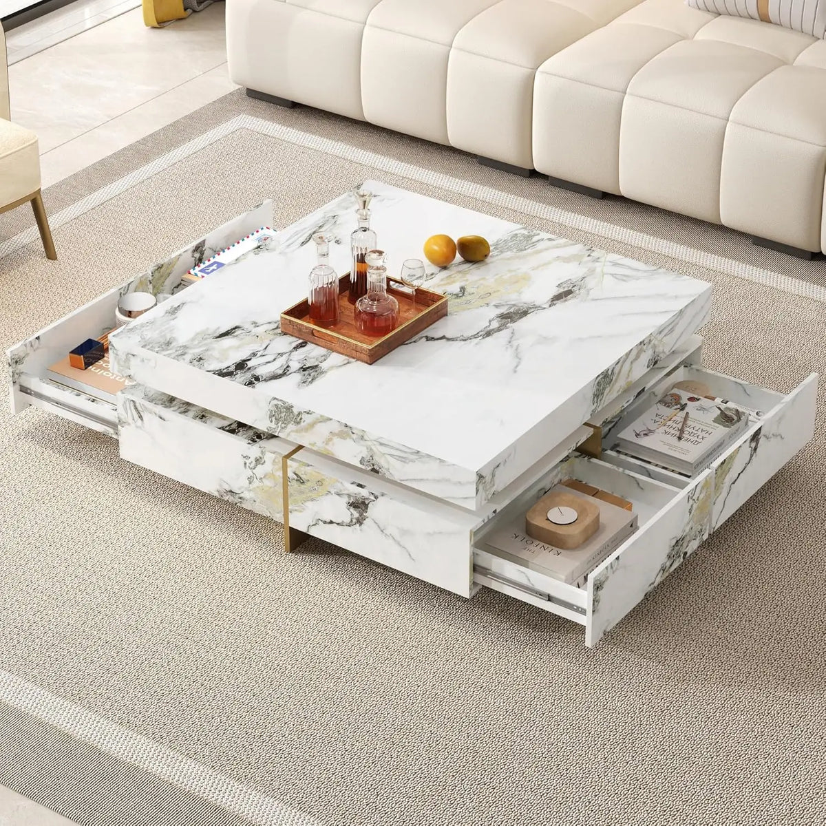 Modern Round Movable Coffee Table with Casters, 2 Drawers, Marble Pattern Sintered Stone Top, White, 29.5"