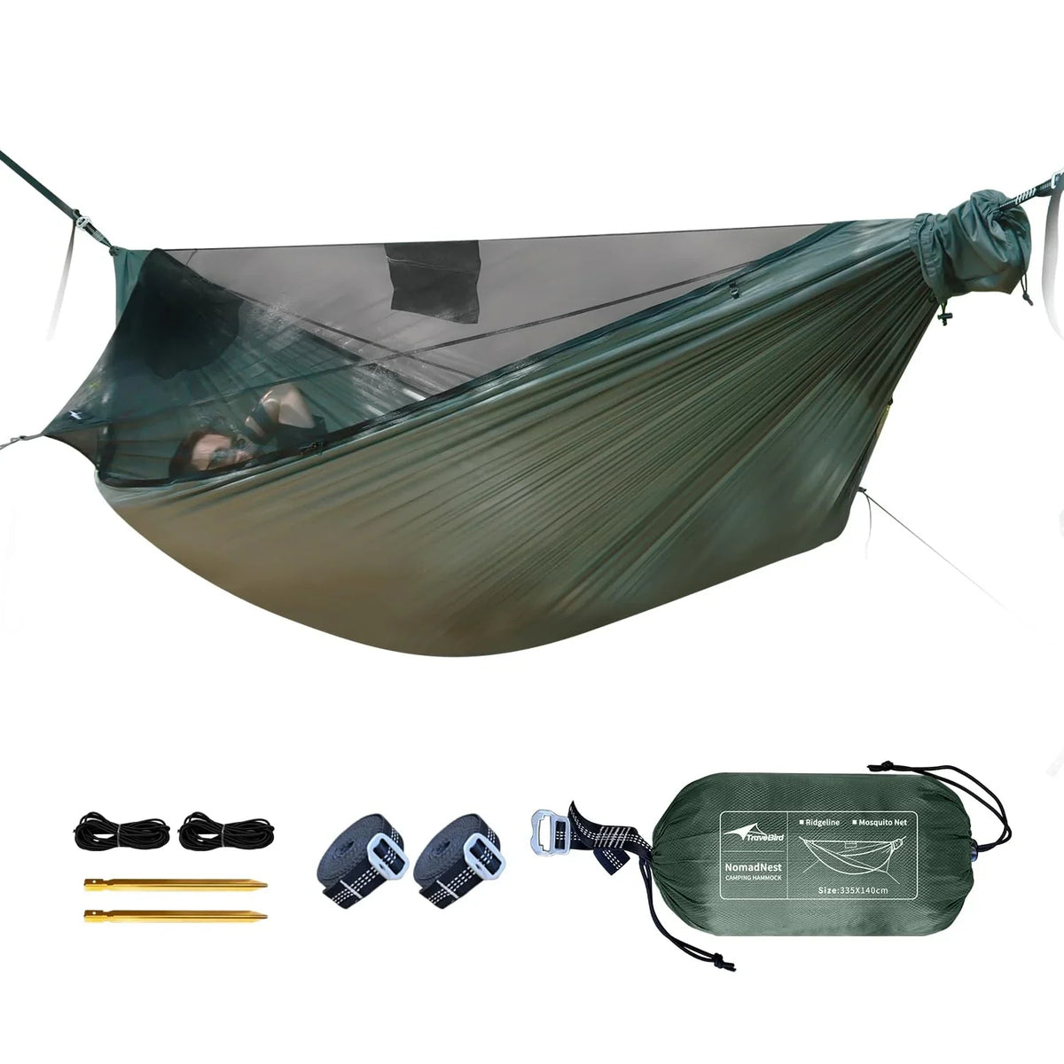 11ft Camping Hammock  with Net and Ridge Rope, Detachable Full-Open Mesh, Lightweight Hammock for Outdoor Hiking Backpacking