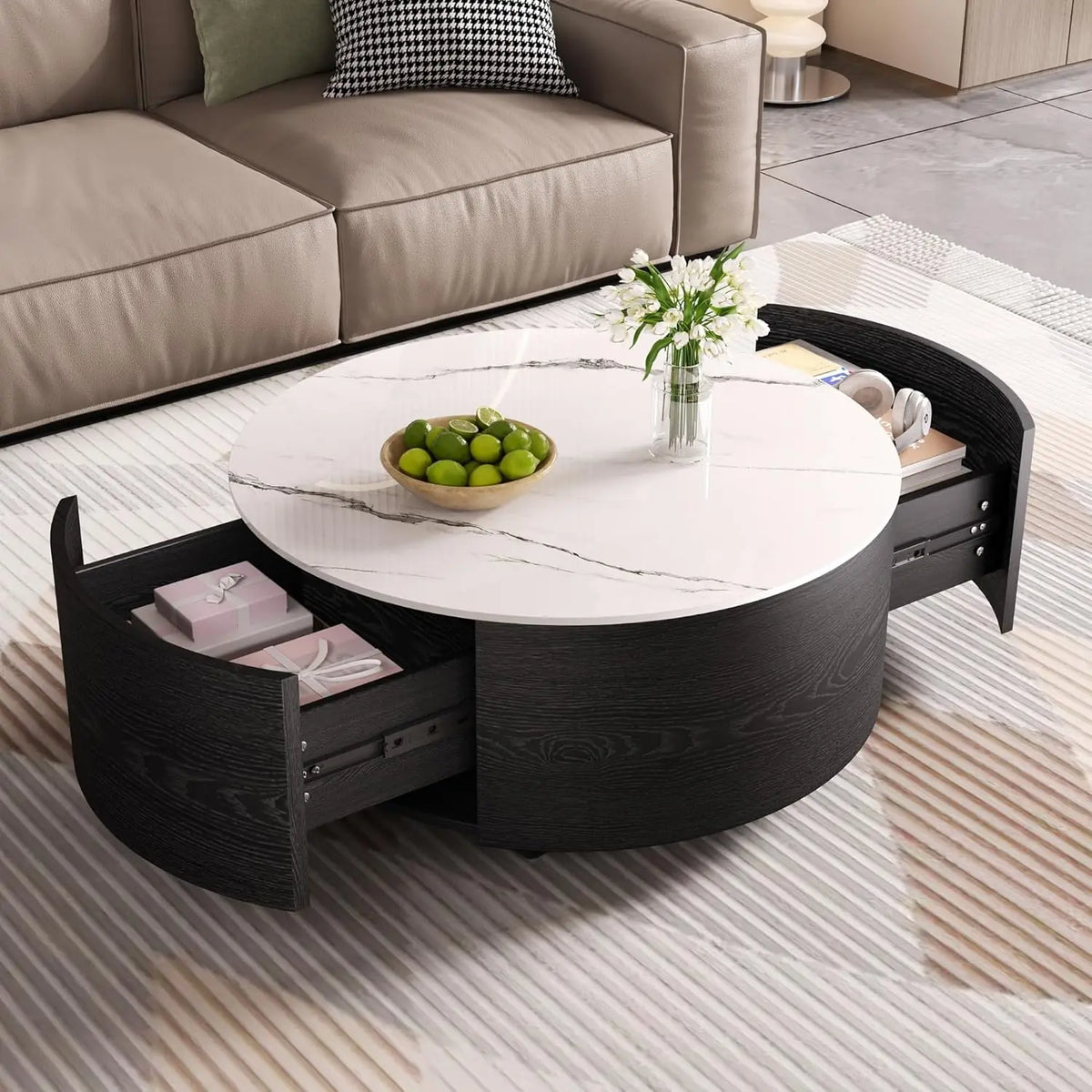 Modern Round Movable Coffee Table with Casters, 2 Drawers, Marble Pattern Sintered Stone Top, White, 29.5"