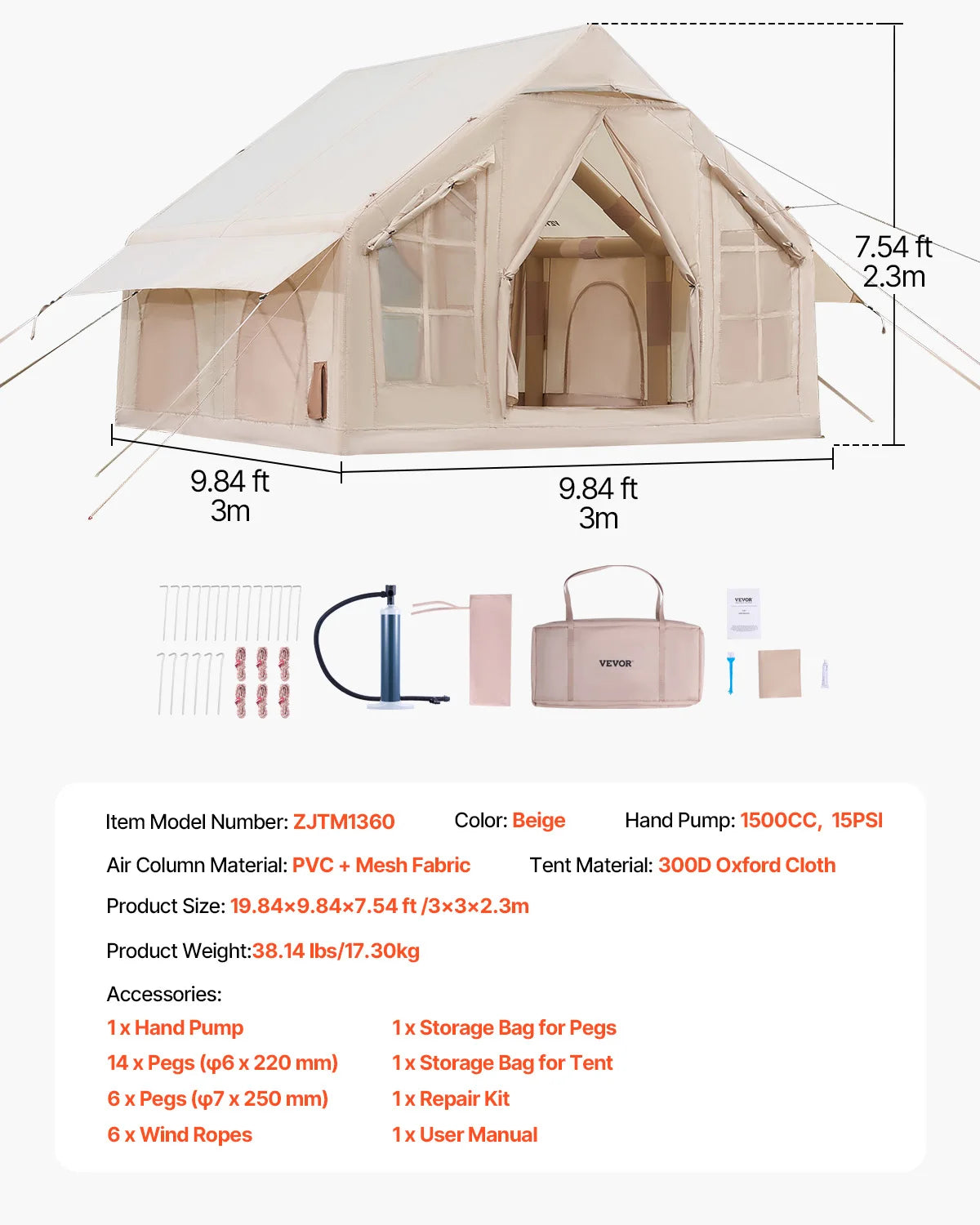 SucceBuy Inflatable Tents for Camping Easy Setup Blow up Tent with Hand Pump 300D Oxford Tent with Stove Jack Storage Bag Included
