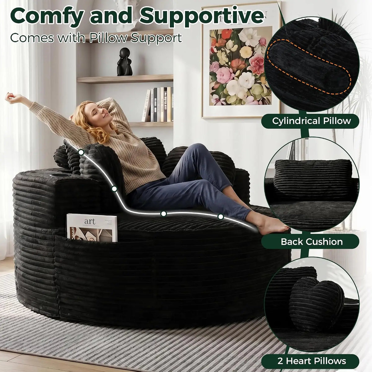56" Round Lounge Chair with Cup Holders, Corduroy Deep Seat Floor Sofa with Pillows for Living Room & Bedroom, Customized