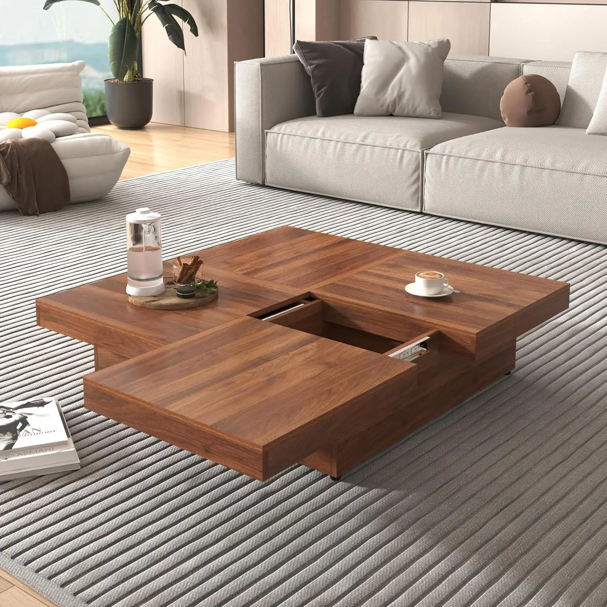 Modern Round Movable Coffee Table with Casters, 2 Drawers, Marble Pattern Sintered Stone Top, White, 29.5"