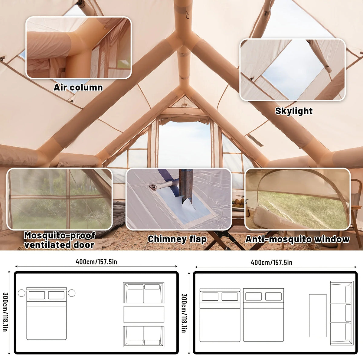 Large Inflatable Camping Tent with Skylight, Quick Air-Flow & Breathable Mesh Design, Summer Glamping Hot Tents for Camping