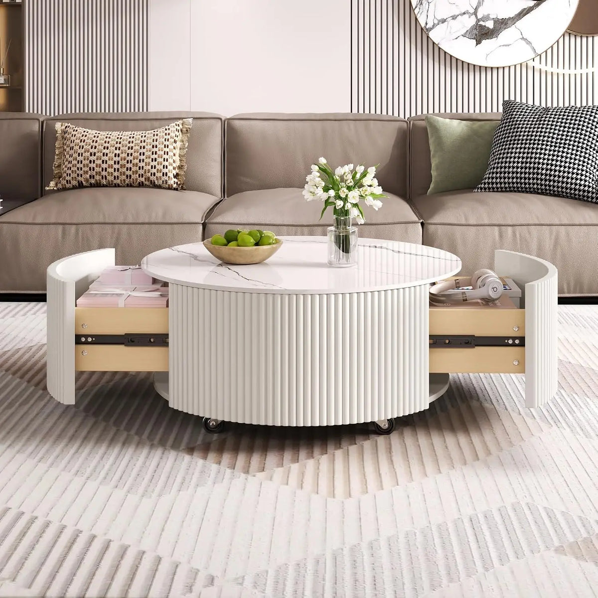 Modern Round Movable Coffee Table with Casters, 2 Drawers, Marble Pattern Sintered Stone Top, White, 29.5"