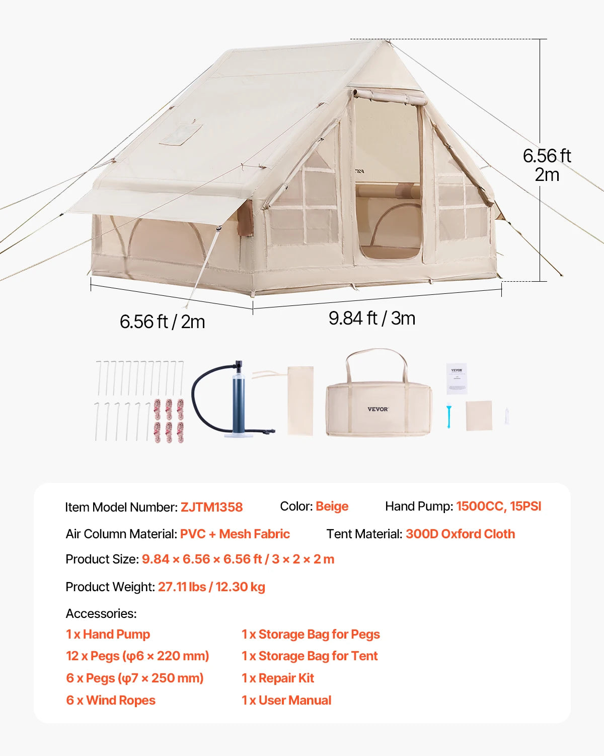 SucceBuy Inflatable Tents for Camping Easy Setup Blow up Tent with Hand Pump 300D Oxford Tent with Stove Jack Storage Bag Included