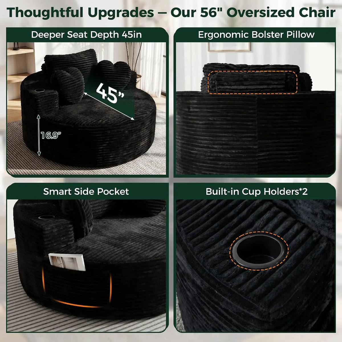 56" Round Lounge Chair with Cup Holders, Corduroy Deep Seat Floor Sofa with Pillows for Living Room & Bedroom, Customized