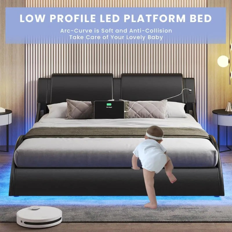 Modern Upholstered Queen Platform Bed Frame with LED Lights USB Charging Ports Black Faux Leather Headboard Low Profile Wood