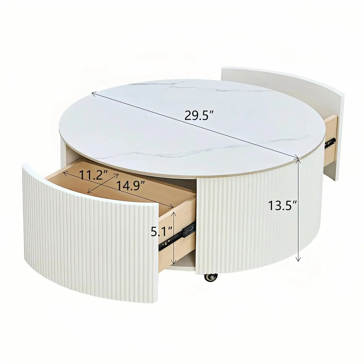 Modern Round Movable Coffee Table with Casters, 2 Drawers, Marble Pattern Sintered Stone Top, White, 29.5"
