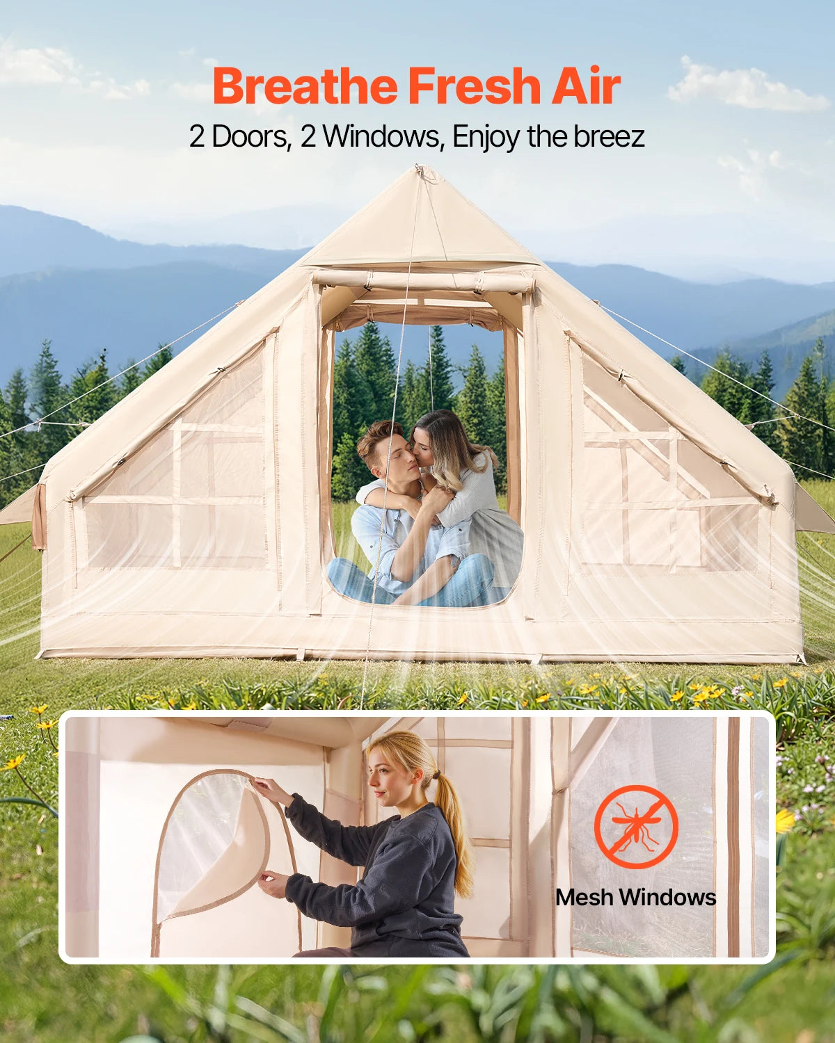 SucceBuy Inflatable Tents for Camping Easy Setup Blow up Tent with Hand Pump 300D Oxford Tent with Stove Jack Storage Bag Included