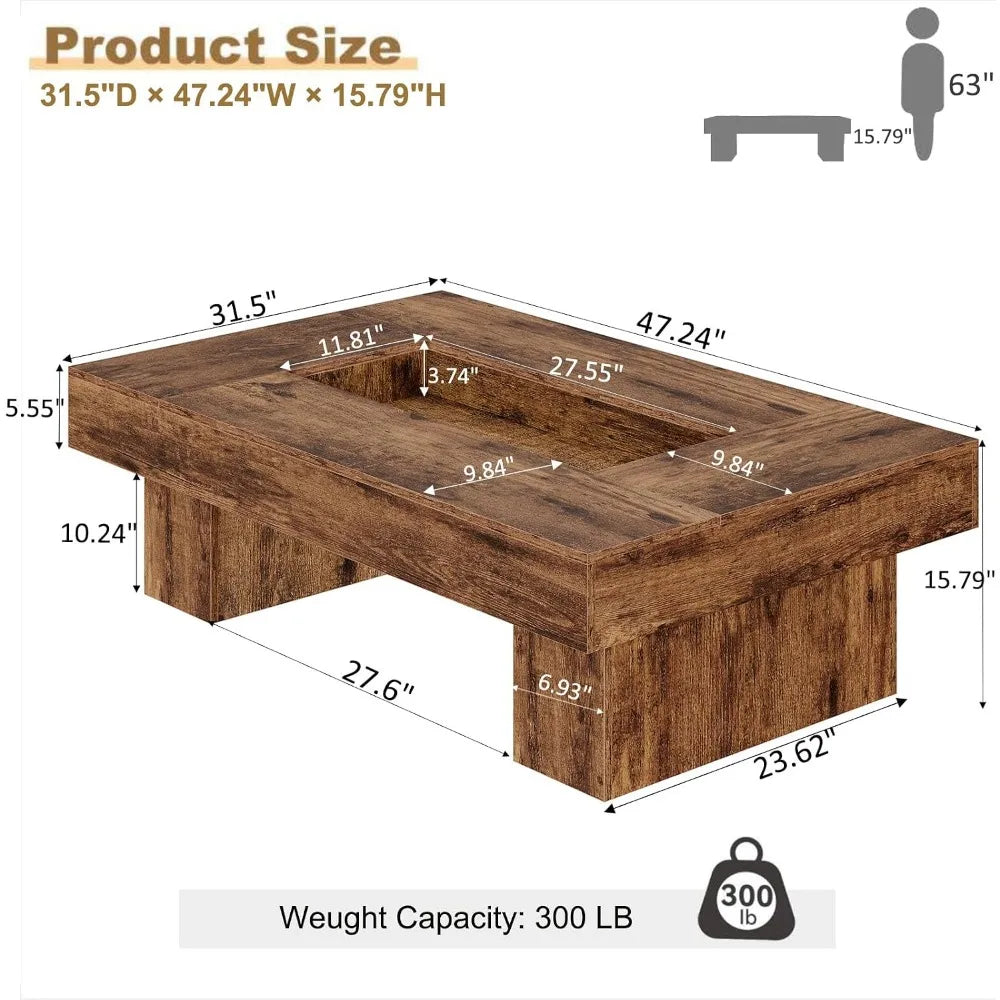 47"X 31" Large Rectangle Wood Coffee Table for Living Room Rustic Brown